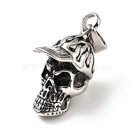 304 Stainless Steel Pendants, Skull with Hat, Antique Silver, 37x14x25.5mm, Hole: 9x4.5mm(STAS-D182-14AS)
