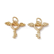 Rack Plating Brass Pendants, with Jump Ring, Long-Lasting Plated, Lead Free & Cadmium Free, Heart Key with Wing Charm, Real 18K Gold Plated, 14x15.5x2.2mm, Jump Ring: 5.4x0.8mm, 3.5mm Inner Diameter(KK-M236-11G)