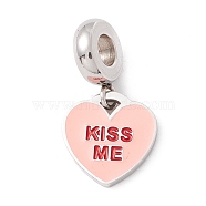 304 Stainless Steel European Dangle Charms, Large Hole Pendants, with Enamel, Heart & Word Kiss Me, Stainless Steel Color, 21mm, Hole: 4.5mm(STAS-I192-22P)