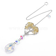 Natural Yellow Quartz Big Pendants, with Platinum Brass Chain Extender and Findings, Plating Glass Teardrop & Flower, Clear AB Color, Heart with Tree of Life, 130mm, Hole: 4mm(G-N333-008A)