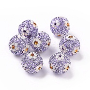 Polymer Clay Rhinestone Beads, Pave Disco Ball Beads, Round with Flower, Light Amethyst, 16mm, Hole: 1.6~1.8mm(RB-L029-03J)
