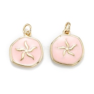 Brass Enamel Pendants, with Jump Rings, Long-Lasting Plated, Flat Round, Pink, Real 18K Gold Plated, 16.5x14.5x2.5mm, Hole: 3.5mm(KK-A155-11G)