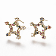 Brass Micro Pave Cubic Zirconia Studs Earrings, Star, Colorful, 12.5x13.5x3mm, Pin: 0.7mm(EJEW-K078-05)