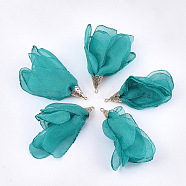 Polyester Big Pendants, with Iron Findings, Flower, Light Gold, Light Sea Green, 63~67x10mm, Hole: 1.5~2mm(FIND-T051-07)