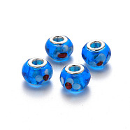 Handmade Lampwork European Beads, Large Hole Rondelle Beads, with Platinum Tone Brass Double Cores, Dodger Blue, 17x14~15x9~10mm, Hole: 5mm(LPDL-N001-015-C03)