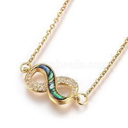 304 Stainless Steel Pendant Necklaces, with Cubic Zirconia and Shell, Infinity, Golden, 18.3 inch(46.7cm), Pendant: 22.5x10.5x2.5mm(X-NJEW-O108-02G)