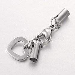 Tarnish Resistant 304 Stainless Steel Lobster Claw Clasps, with Cord Ends and Heart Charms, Stainless Steel Color, 35mm, Hole: 3mm(FIND-JF00069-01)