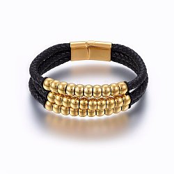 Leather Cord Multi-strand Bracelets, with 304 Stainless Steel Magnetic Clasp, Rectangle, Black, Golden, 8-5/8 inches(22cm); 15~23x5~8mm(BJEW-E345-23G)