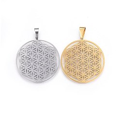 304 Stainless Steel Pendants, Spiritual Charms, Flat Round with Flower of Life/Sacred Geometry, Mixed Color, 42x39x1.2mm, Hole: 8x6mm(STAS-P209-18)