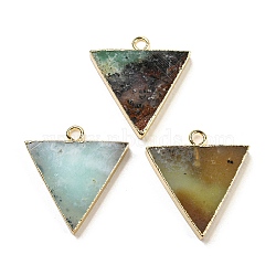 Natural Chrysoprase Pendants, Rack Plating Golden Plated Brass Triangle Charms, 27~27.5x25.5x4~4.5mm, Hole: 2.5mm(G-M431-11G-B)