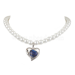 Natural Lapis Lazuli Heart Pendant Necklaces, Round Glass Pearl Beaded Necklaces for Women, Creamy White, 17.32 inch(44cm)(NJEW-JN04951)