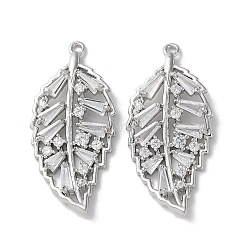 Brass Micro Pave Cubic Zirconia Pendants, Leaf Charms, Platinum, 27x13x3.5mm, Hole: 1mm(KK-F872-10P)