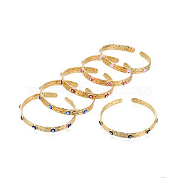 Real 18K Gold Plated Brass Open Cuff Bangle with Enamel Evil Eye for Women, Nickel Free, Mixed Color, Inner Diameter: 2-1/4 inch(5.8cm)(BJEW-Q023-014)