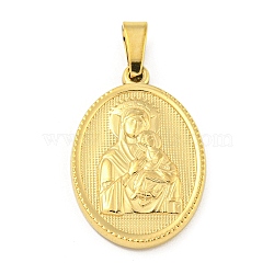 Ion Plating(IP) 304 Stainless Steel Pendants, Religious Theme Charm, Oval with Virgin Mary, Golden, 23.5x16x2.5mm, Hole: 5x3mm(STAS-B071-02I-17G)