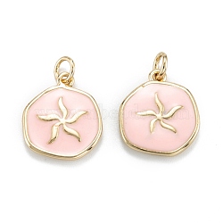 Brass Enamel Pendants, with Jump Rings, Long-Lasting Plated, Flat Round, Pink, Real 18K Gold Plated, 16.5x14.5x2.5mm, Hole: 3.5mm(KK-A155-11G)
