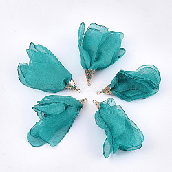 Polyester Big Pendants, with Iron Findings, Flower, Light Gold, LightSea Green, 63~67x10mm, Hole: 1.5~2mm(FIND-T051-07)