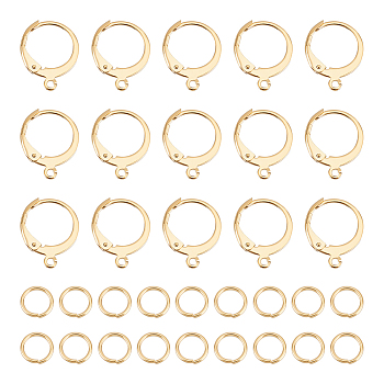 40Pcs 304 Stainless Steel Leverback Earring Findings, with Horizontal Loops and 60Pcs Open Jump Rings, Golden, 14.5x12.5x2mm, Hole: 1.2mm