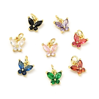 Rack Plating Brass Inlaid Cubic Zirconia Charms, with Jump Rings, Cadmium Free & Lead Free, Golden, Butterfly, Mixed Color, 10x10x3.5mm, Hole: 3.4mm