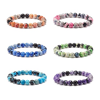 Dyed Natural Fire Crackle Agate Bead Stretch Bracelets, Mixed Color, Inner Diameter: 2-1/8 inch(5.4cm)