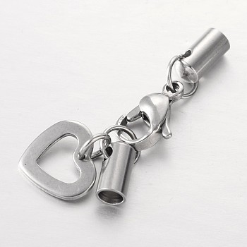 304 Stainless Steel Lobster Claw Clasps, with Cord Ends and Heart Charms, Stainless Steel Color, 35mm, Hole: 3mm