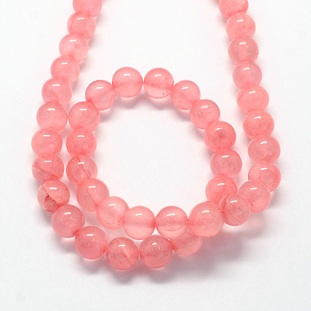 Natural Dyed Green Jade Gemstone Bead Strands, Round, Light Coral, 6mm, Hole: 1mm, about 66pcs/strand, 15.7 inch