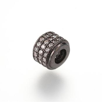 Brass Micro Pave Cubic Zirconia Beads, Column, Gunmetal, 9x6.5mm, Hole: 4mm
