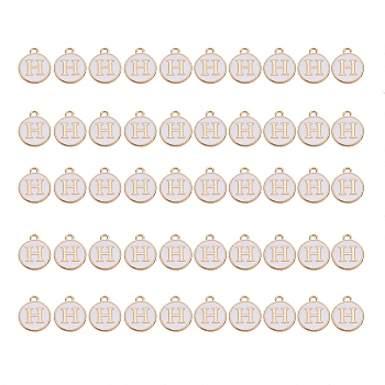 Golden Plated Alloy Charms, with Enamel, Enamelled Sequins, Flat Round, White, Letter.H, 14x12x2mm, Hole: 1.5mm, 50pcs/Box