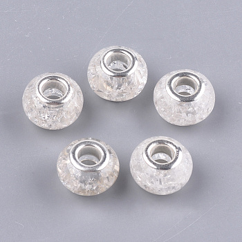 Crackle Resin European Beads, Large Hole Beads, with Silver Color Plated Brass Cores, Rondelle, Clear, 13.5~14x8.5~9mm, Hole: 5mm