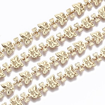 Brass Chains, Butterfly Link Chains, Unwelded, with Spool , Real 16K Gold Plated, Butterfly: 9x8x2.3mm, Heart: 5.8x6.3x2.1mm, about 16.4 Feet(5m)/roll