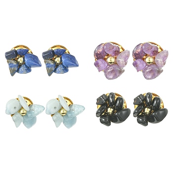 Natural Mixed Gemstone Chips Beaded Flower Stud Earrings, Golden Brass Jewelry, 14~19x13~17mm