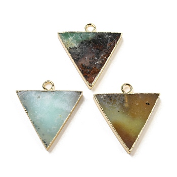 Natural Chrysoprase Pendants, Rack Plating Golden Plated Brass Triangle Charms, 27~27.5x25.5x4~4.5mm, Hole: 2.5mm