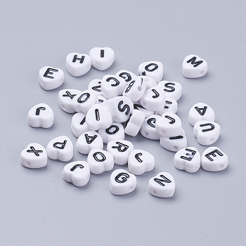 Acrylic Horizontal Hole Letter Beads, Heart with Letter, White, 7x7x4mm, Hole: 1mm, about 3500pcs/500g