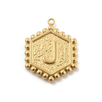 201 Stainless Steel Pendants, Golden, Hexagon with Letter Charm, Letter J, 21x16.5x2mm, Hole: 1.5mm