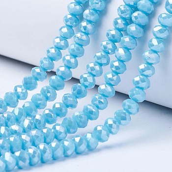 Electroplate Glass Beads Strands, Opaque Solid Color, AB Color Plated, Faceted, Rondelle, Deep Sky Blue, 8x6mm, Hole: 1mm, about 63~65pcs/strand, 39~40cm