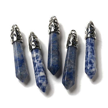 Natural Blue Spot Jasper Pointed Big Pendants, Faceted Bullet Charms with Rack Plating Platinum Plated Brass Findings, 56~65x11~11.5x10~10.5mm, Hole: 4X3mm