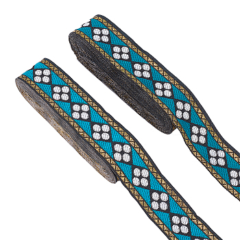 Ethnic Style Embroidery Polyester Ribbons, Jacquard Ribbon, Tyrolean Ribbon, Garment Accessories, Rhombus Pattern, Dark Turquoise, 1-1/4 inch(31mm), 0.5mm, about 7.66 Yards(7m)/pc