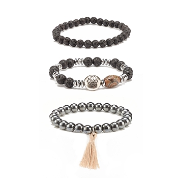 3Pcs 3 Style Mala Bead Bracelets Set, Natural Lava Rock & Agate & Synthetic Hematite Stretch Bracelets with Alloy Lotus Beaded for Women, Inner Diameter: 2-1/8 inch(5.3cm), 1Pc/style