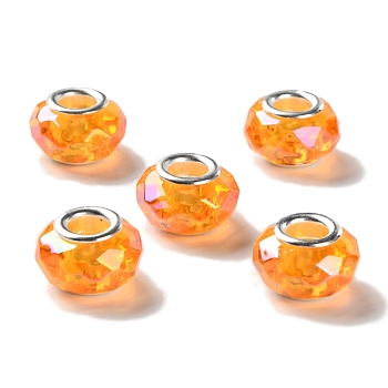 Shell Transparent Brass Cores Acrylic European Beads, Rondelle, Large Hole Bead, Faceted, Silver, Orange, 15x9mm, Hole: 5mm