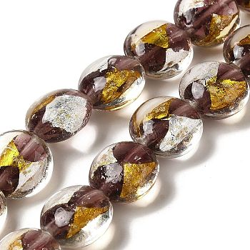 Handmade Gold Sand and Silver Sand Lampwork Flat Round Beads, Rosy Brown, 14~14.5x8.5~9mm, Hole: 1.6~1.8mm