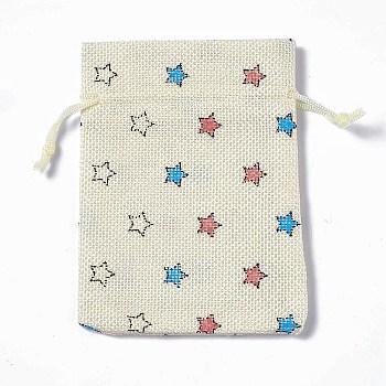 Burlap Packing Pouches Drawstring Bags, Rectangle, Beige, Star, 13.5~14x10x0.35cm