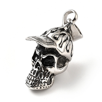 304 Stainless Steel Pendants, Skull with Hat, Antique Silver, 37x14x25.5mm, Hole: 9x4.5mm