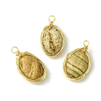 Natural Picture Jasper Copper Wire Wrapped Pendants, Oval Charms, Light Gold, 21~23x12~12.5x5~6mm, Hole: 3mm