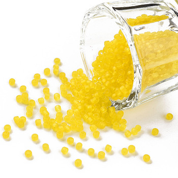 12/0 Grade A Round Glass Seed Beads, Transparent Frosted Style, Yellow, 2x1.5mm, Hole: 0.8mm, 30000pcs/bag