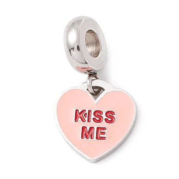 304 Stainless Steel European Dangle Charms, Large Hole Pendants, with Enamel, Heart & Word Kiss Me, Stainless Steel Color, 21mm, Hole: 4.5mm