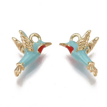 Brass Enamel Charms, Nickel Free, Real 18K Gold Plated, Bird, Sky Blue, 9.5x14x7.5mm, Hole: 1.6mm