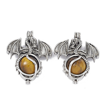 Natural Tiger Eye Pendants, Dragon Charms, with Rack Plating Antique Silver Plated Brass Findings, Cadmium Free & Lead Free, 47x37x19mm, Hole: 4mm