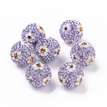 Polymer Clay Rhinestone Beads, Pave Disco Ball Beads, Round with Flower, Light Amethyst, 16mm, Hole: 1.6~1.8mm