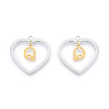 201 Stainless Steel Pendants, Hollow, Heart with Letter A~Z, Real Gold Plated & Stainless Steel Color, Letter.Q, 29x29.5x1mm, Hole: 2mm, A~Z: 12x8~10.5x1mm
