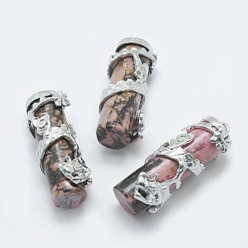Natural Rhodonite Pendants, with Brass Findings, Column with Dragon, Platinum, 40.5~41.5x14x15mm, Hole: 3.5x5mm
