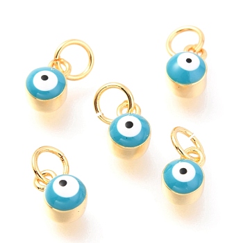 Brass Enamel Pendants, Long-Lasting Plated, Real 18K Gold Plated, with Jump Rings, Column with Evil Eye, Light Green, 7x3.5x4.5mm,Jump Ring: 5x0.6mm, 3mm inner diameter.